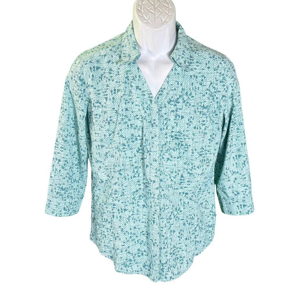 Royal Robbins Button Up Shirt Womens S Teal Blue Botanical Print 3/4 Sleeve